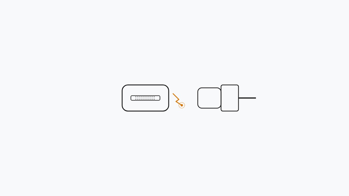 Minimal flat editorial illustration of a USB-C charging receptacle cross-section with an alert amber power handshake spark