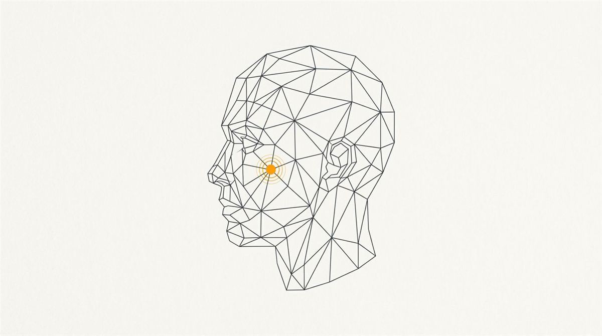 Minimal flat editorial illustration of a geometric wireframe mesh avatar profile with an alert amber facial tracking landmark vertex
