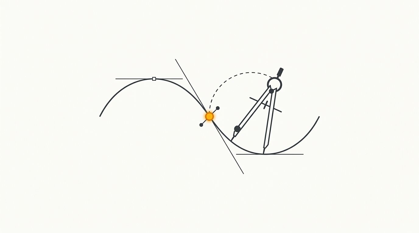 Minimal flat editorial illustration of a geometric vector bezier curve and drafting compass path with an alert amber active anchor point