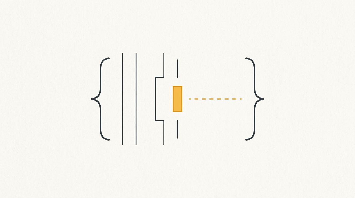 Minimal flat editorial illustration of code brackets with an alert amber autocomplete block cursor