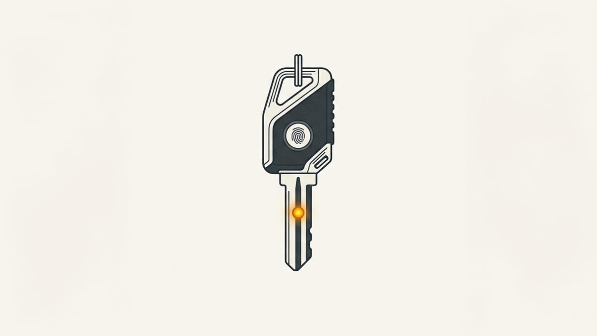 Minimal flat editorial illustration of two distinct digital vault key designs centered on a plain off-white background with a single amber accent indicator