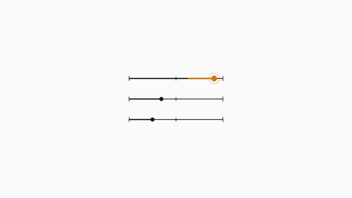 Minimal flat editorial illustration of web performance gauge sliders with an alert amber out-of-range LCP indicator