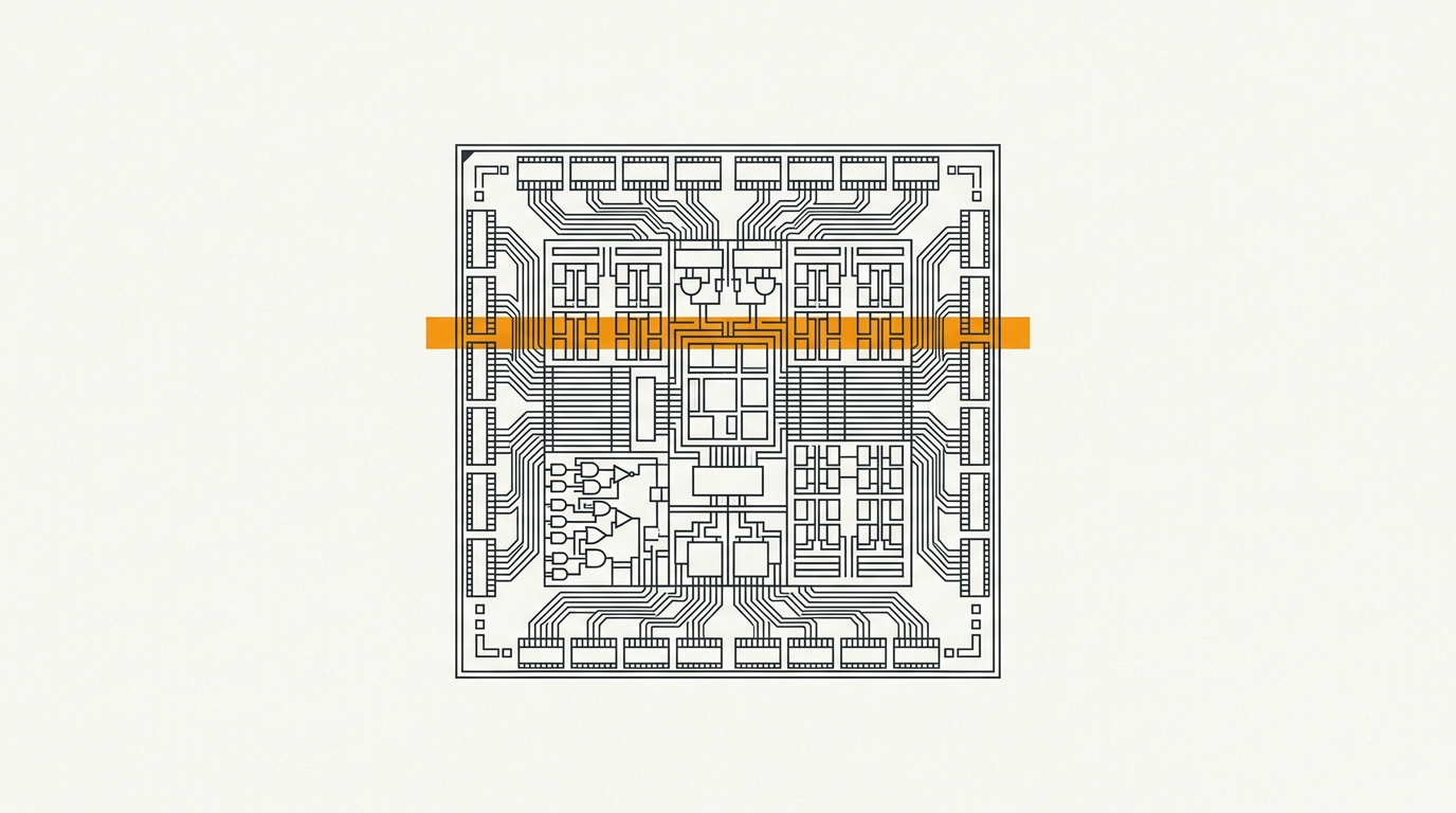 Minimal flat editorial illustration of a computer GPU silicon chip die with an amber 8GB VRAM capacity threshold line on an off-white background