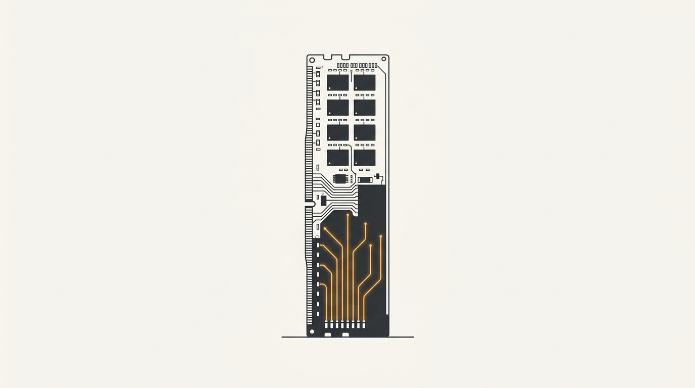 Minimal flat illustration of a server RAM DIMM module with amber glowing circuit traces on an off-white background