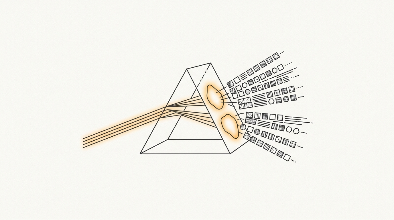 Minimal flat editorial illustration of an optical neural prism splitting light rays into compressed data packets with an amber dual aperture glow
