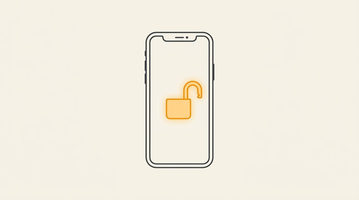 Minimal flat editorial illustration of a smartphone silhouette with an unlocked glowing amber padlock on an off-white background