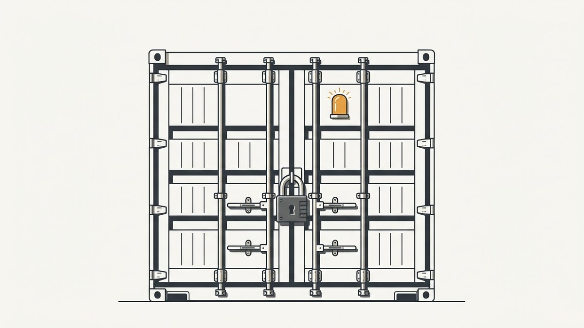 Minimal flat editorial illustration of a shipping container with a locked padlock and amber indicator light on an off-white background