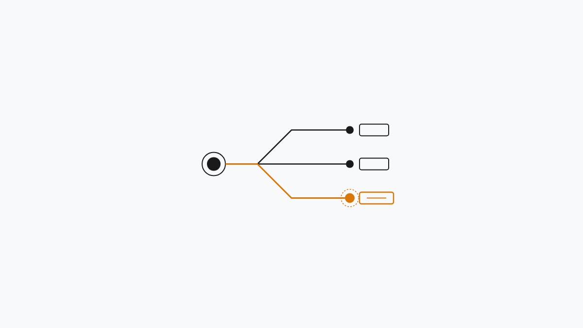 Minimal flat editorial illustration of event trigger branching paths with an alert amber custom parameter block