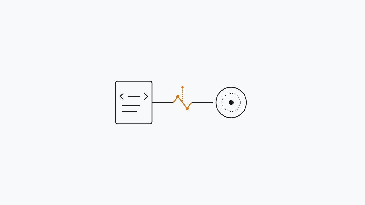 Minimal flat editorial illustration of a measurement script tag with an alert amber circuit diagnostic break and multimeter probe