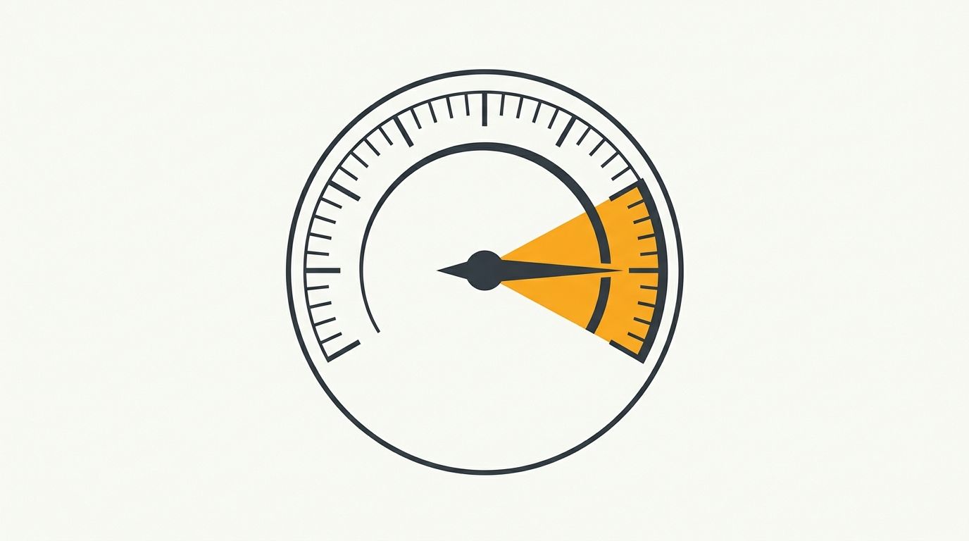 Minimal flat editorial illustration of a high-speed throughput dial gauge with indicator needle deflected into peak performance in alert amber