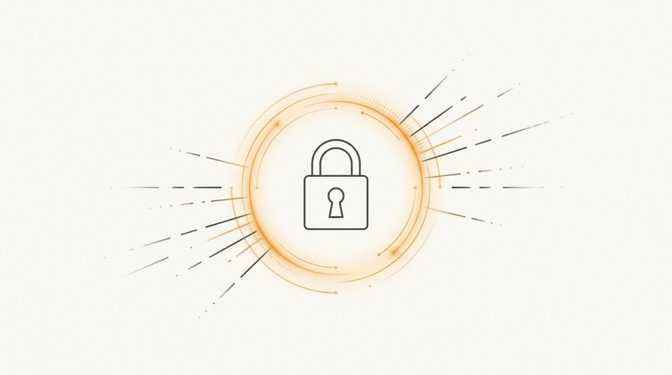 Minimal flat editorial illustration of a keyhole lock icon with a pulsing amber data ring on an off-white background