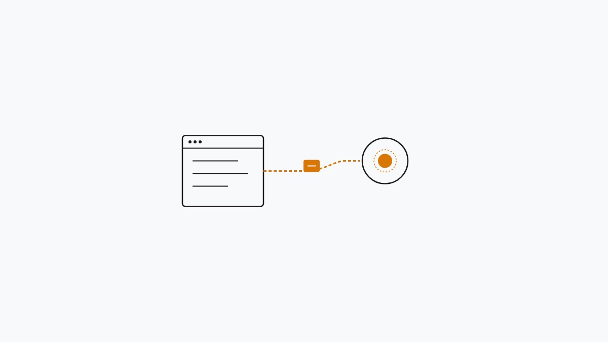 Minimal flat editorial illustration of a browser DOM frame emitting an alert amber page_view telemetry beacon packet