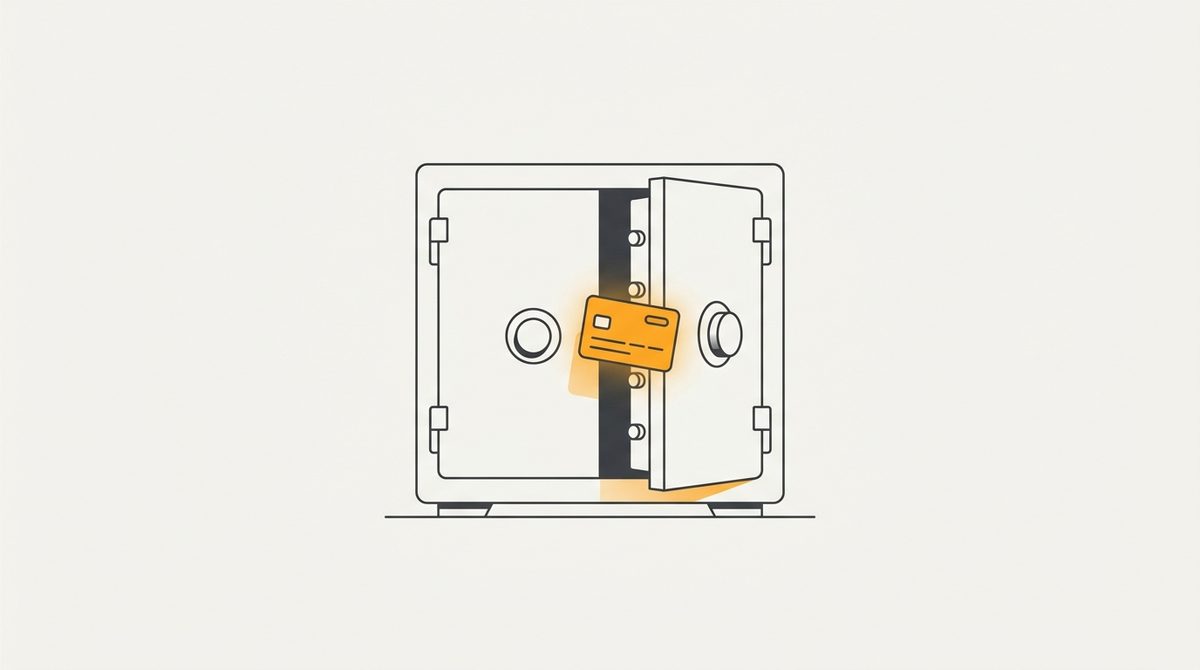 Minimal flat editorial illustration of a heavy dual-door steel safe vault with an amber key card representing private cloud storage