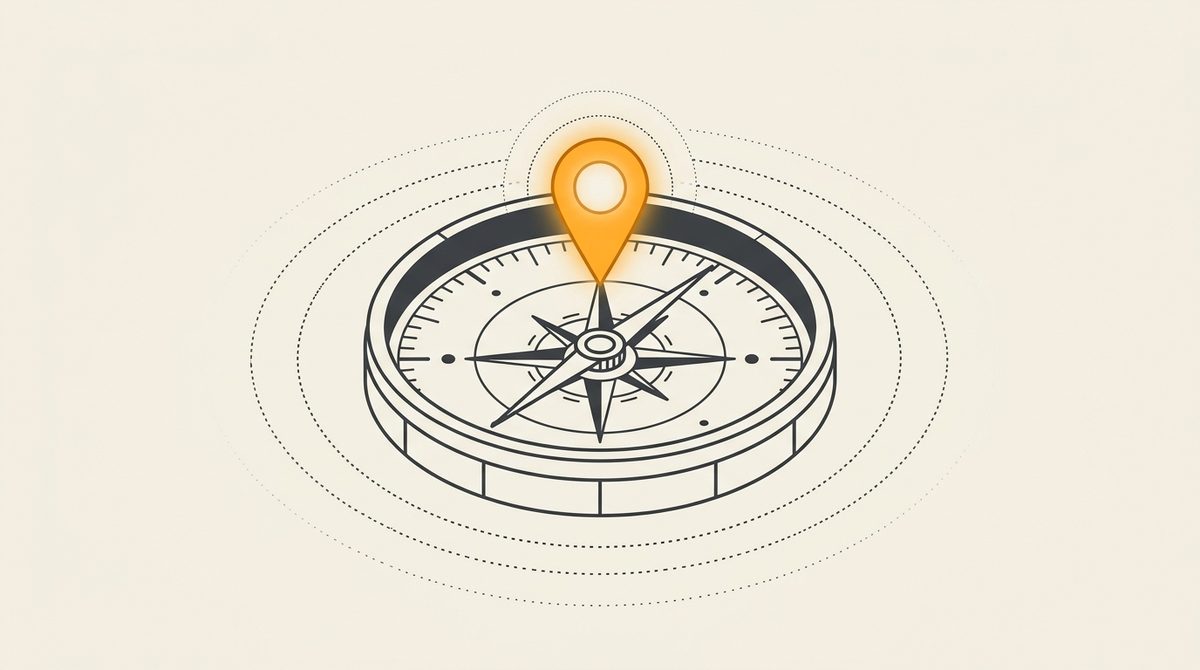 Minimal flat editorial illustration of a vintage compass with an alert glowing amber destination pin on an off-white background
