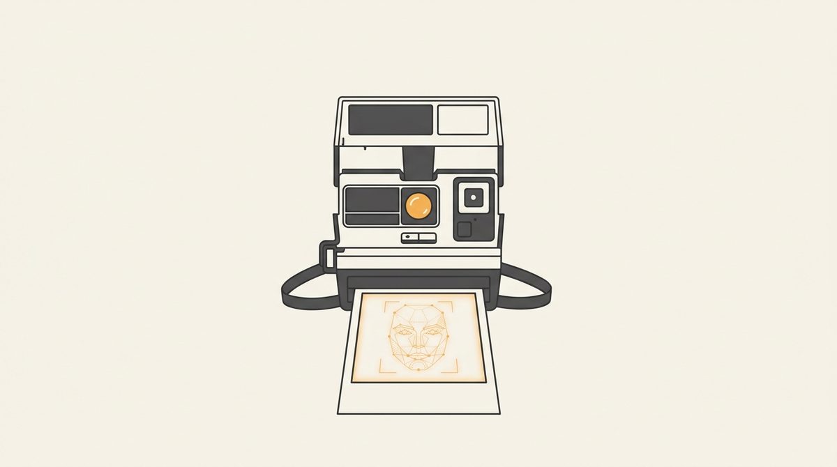 Minimal flat editorial illustration of a vintage instant camera with an amber facial recognition scanning grid on an off-white background