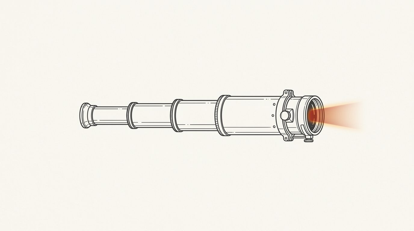 Minimal flat editorial illustration of a vintage brass spyglass with an optical prism beam representing query independence