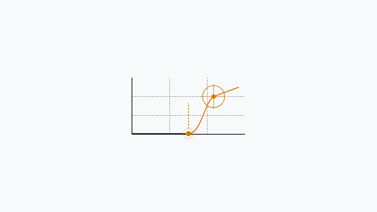 Minimal flat editorial illustration of an analytics chart axis with zero-data flatline transitioning to an alert amber telemetry radar node