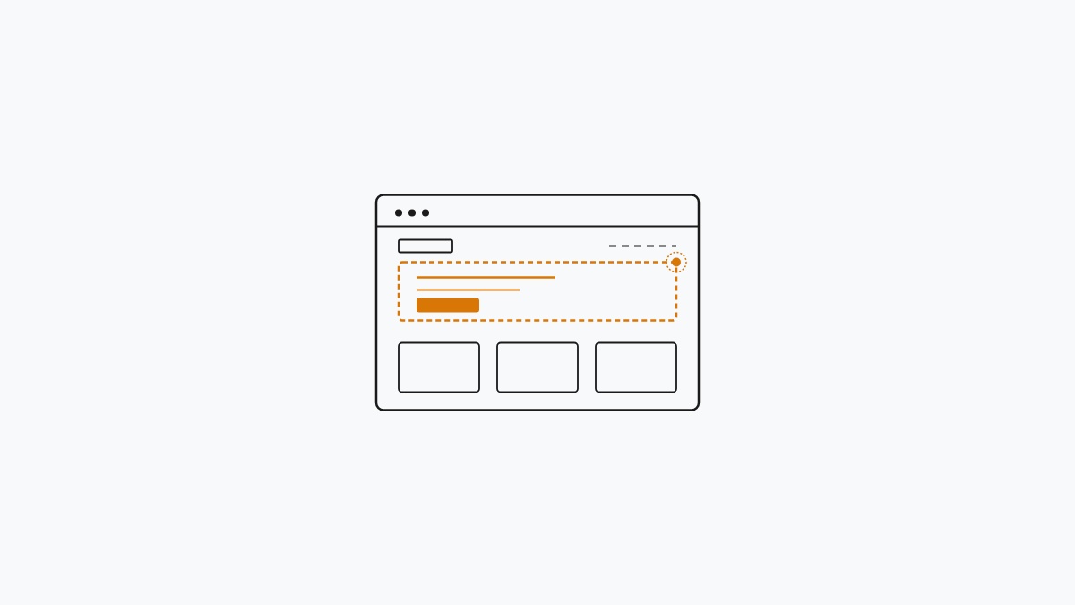 Minimal flat editorial illustration of a website layout wireframe blueprint with an alert amber modular hero block and drafting vertex