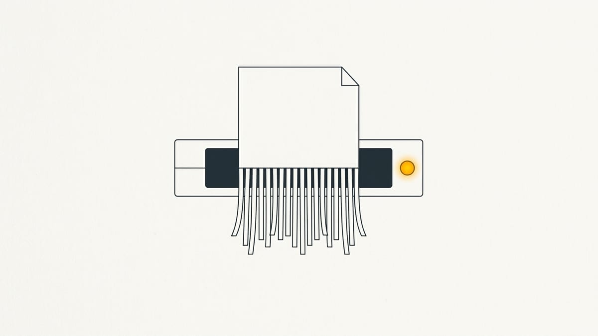 Minimal flat editorial illustration of an open paper envelope document shredder slot with a single glowing amber indicator on an off-white background