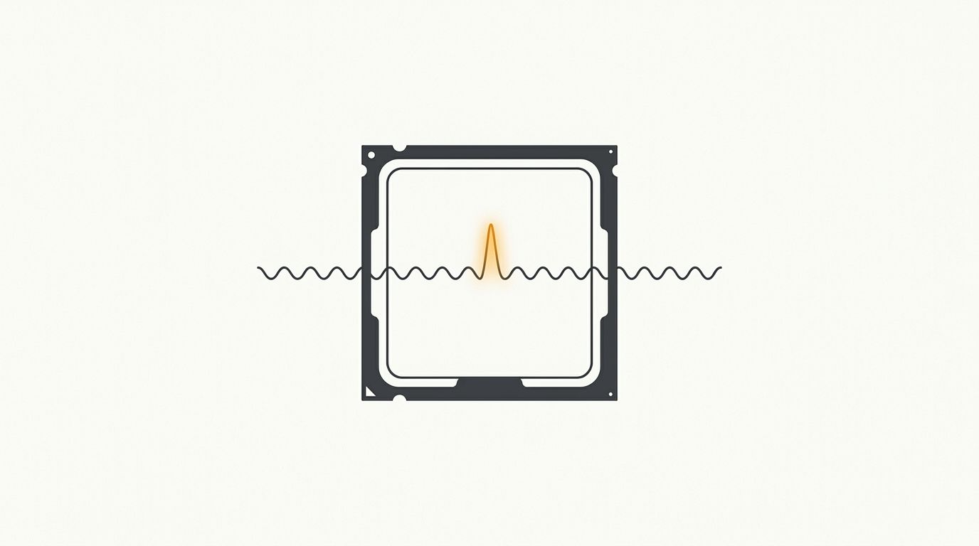 Minimal flat editorial illustration of a computer CPU processor with an audio wave alert peak on an off-white background