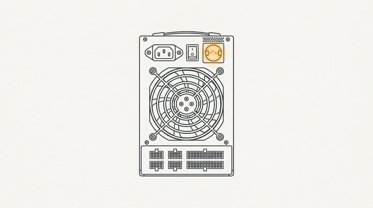 Minimal flat editorial illustration of a modular desktop computer power supply unit with an alert glowing amber fuse filament on an off-white background