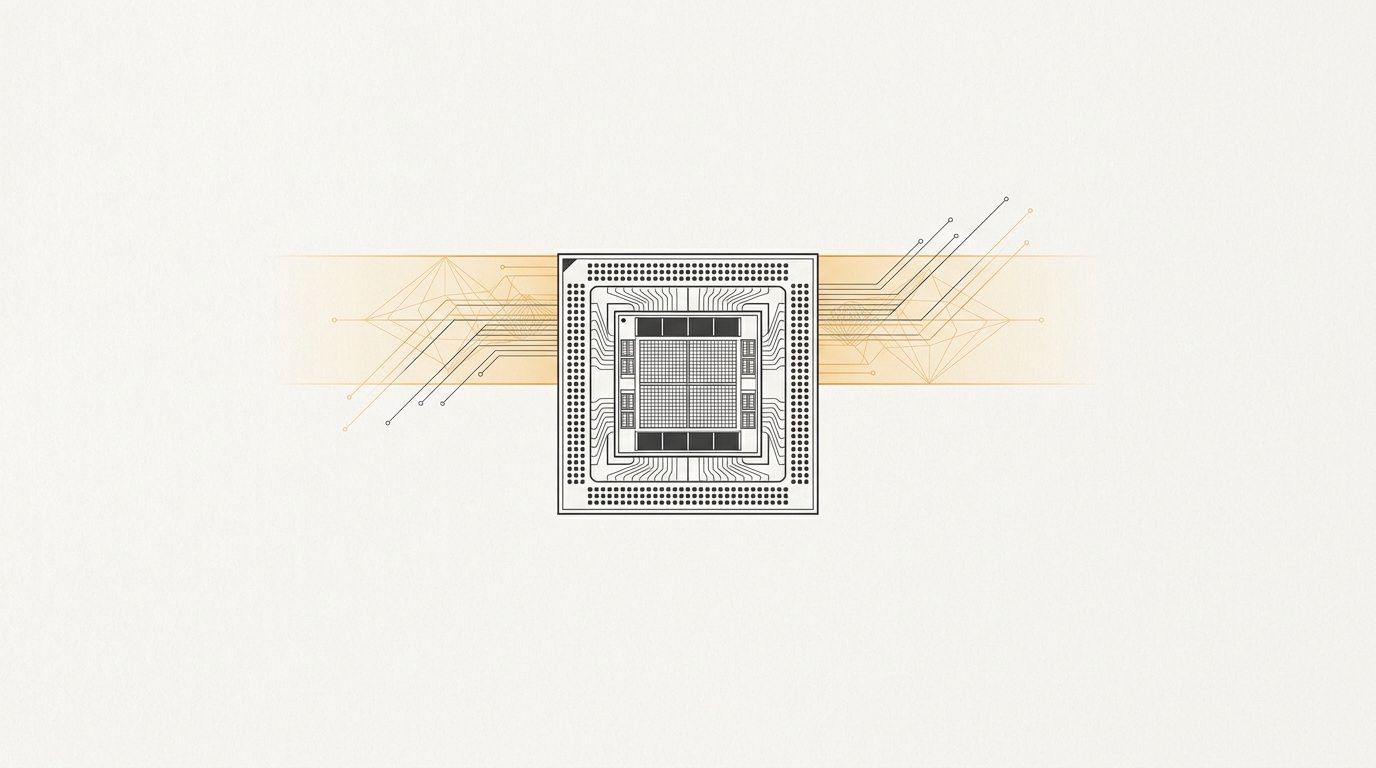 Minimal flat editorial illustration of a computer GPU silicon VRAM chip on an off-white background with subtle amber memory circuit traces