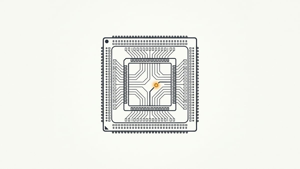 Minimal flat editorial illustration of a computer processor circuit with a single broken thread line marked by an alert amber indicator on an off-white background
