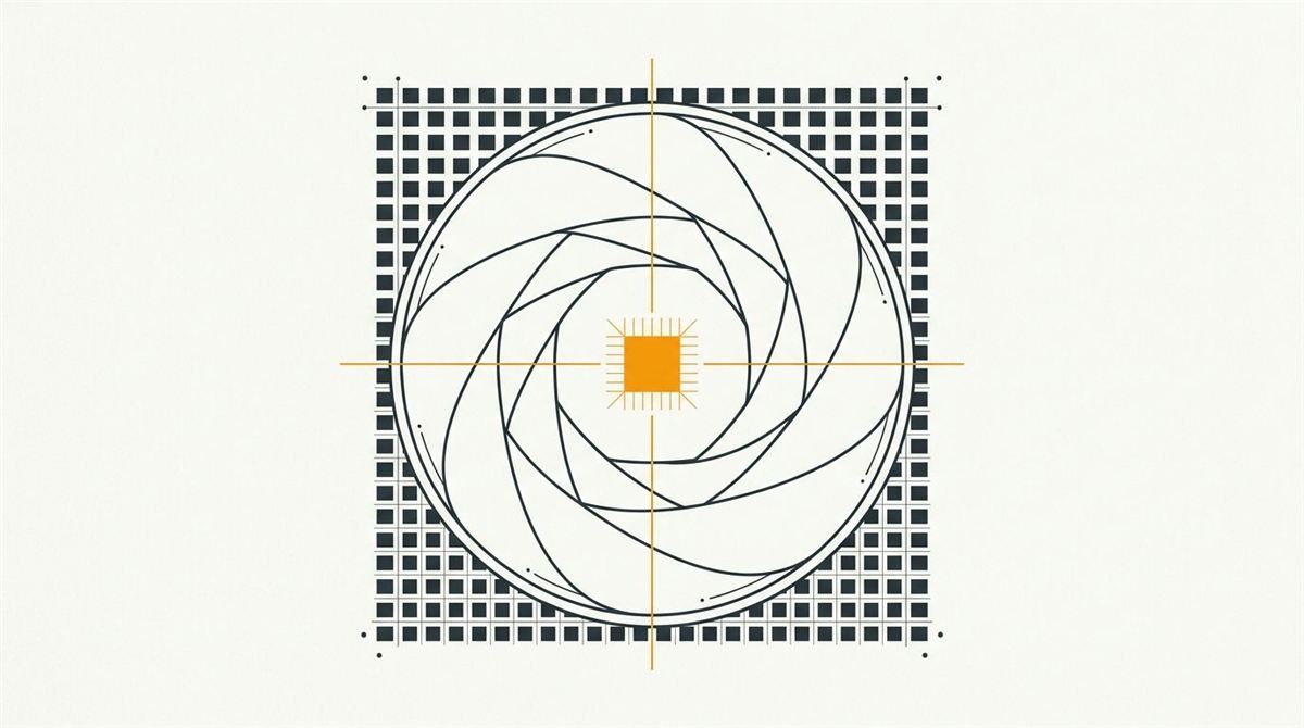 Minimal flat editorial illustration of an optical camera aperture lens centered over a neural pixel grid with an alert amber sensor chip