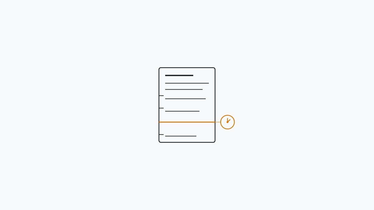 Minimal flat editorial illustration of an editorial document with 75% scroll depth marker and alert amber dwell timer node