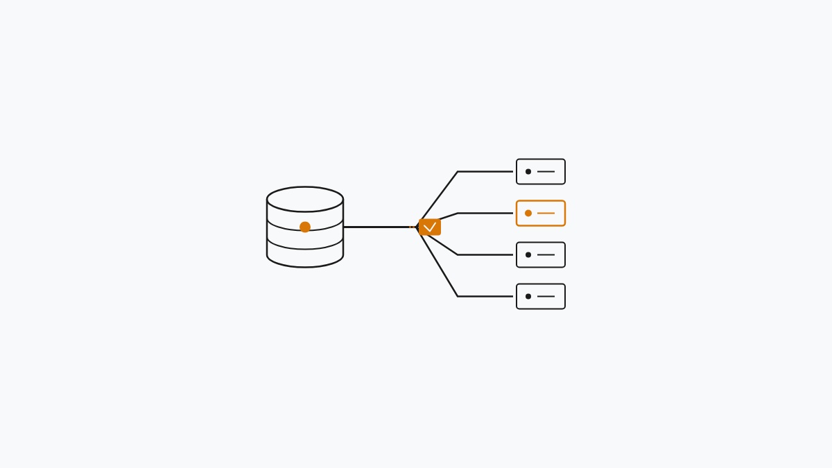 Minimal flat editorial illustration of a central inventory database bus distributing high-velocity sync packets to store nodes in alert amber