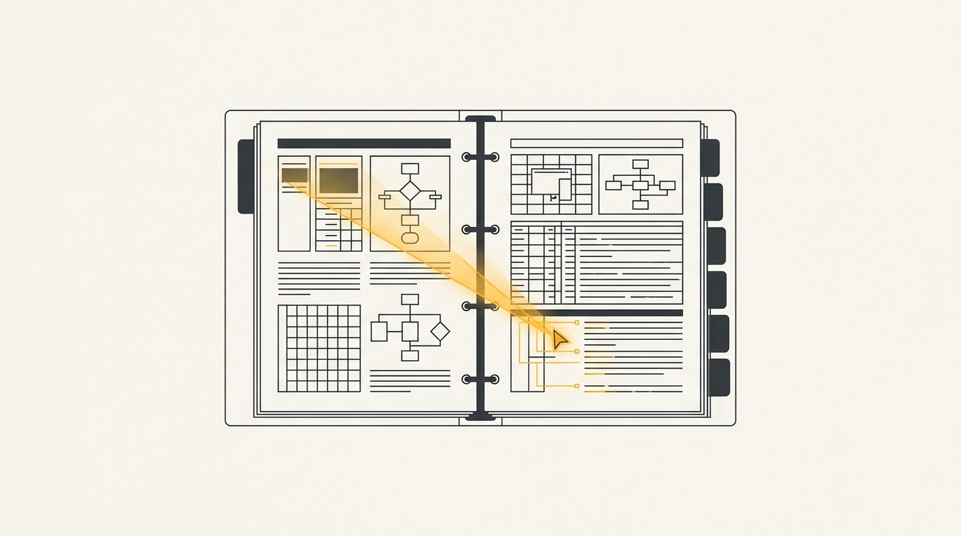 Minimal flat editorial illustration of technical IT runbook binder with amber vector embedding beam