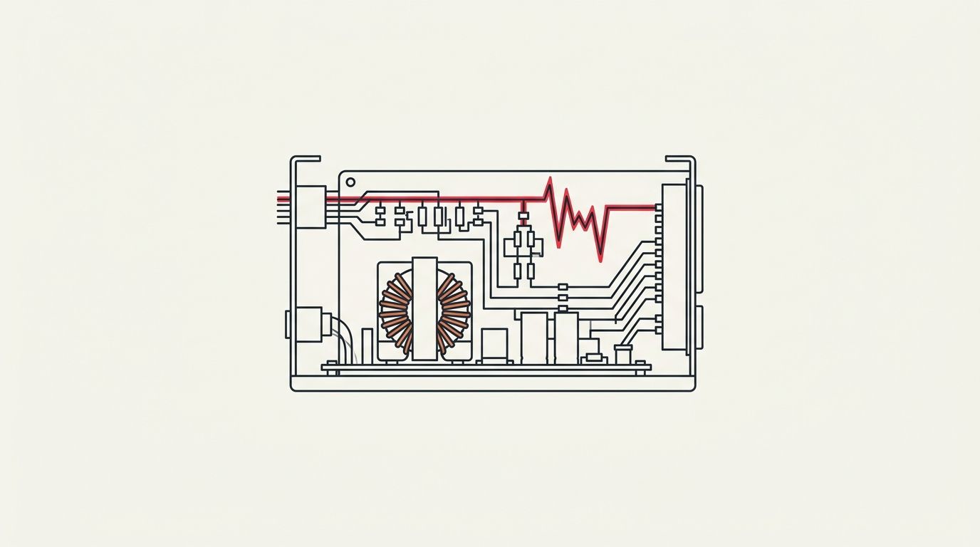 Minimal flat editorial illustration of modular PSU with jagged 12V voltage droop line highlighted in alert crimson