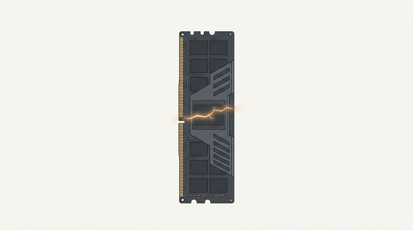 Minimal flat editorial illustration of a computer DDR5 RAM module with an amber diagnostic fault line on an off-white background