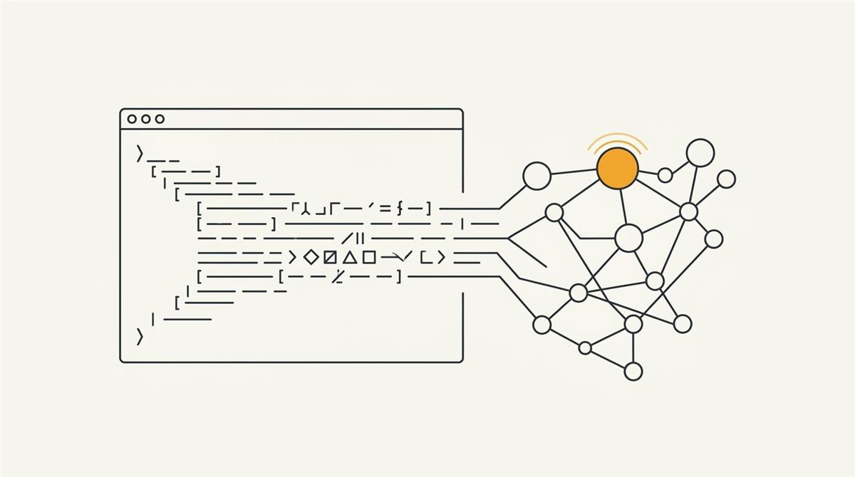Minimal flat editorial illustration of a terminal console routing log streams into a neural reasoning network with an alert amber node