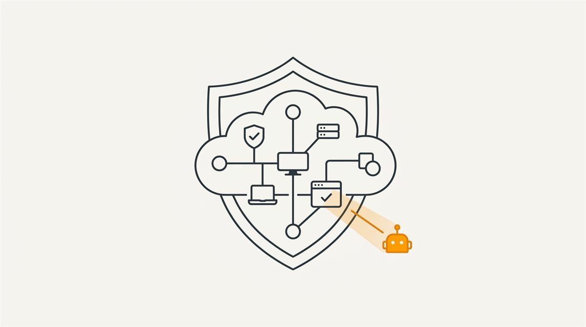 Minimal flat editorial illustration of enterprise security perimeter shield with unauthorized AI bot node highlighted in alert amber