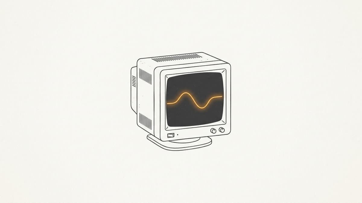 Minimal flat editorial illustration of a retro computer terminal monitor with a glowing amber telemetry trace line on an off-white background