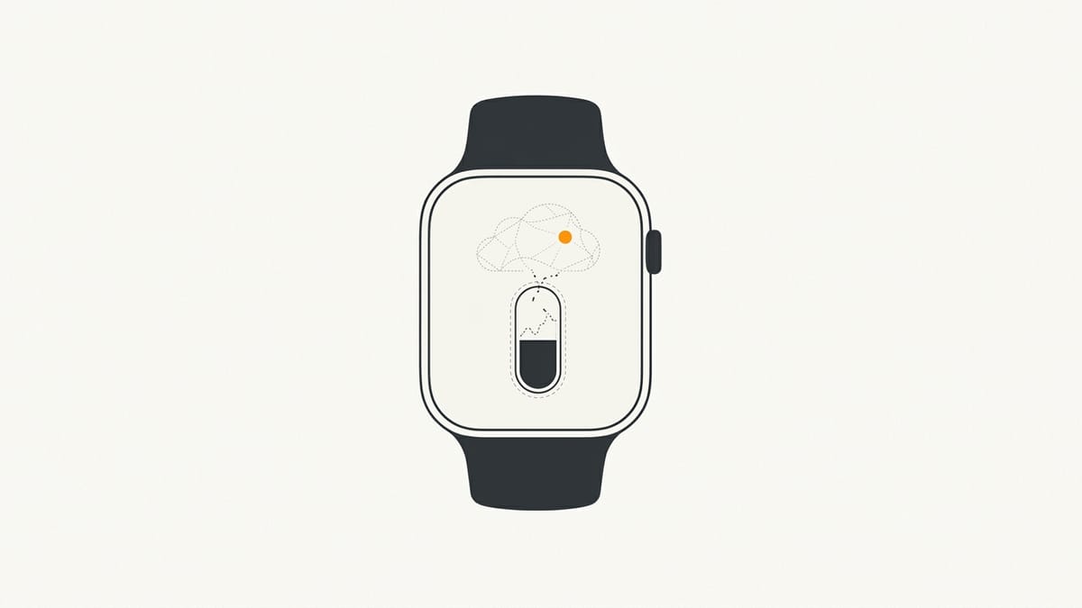 Minimal flat editorial illustration of a digital smartwatch with a nutrition capsule and dashed cloud upload indicator on an off-white background
