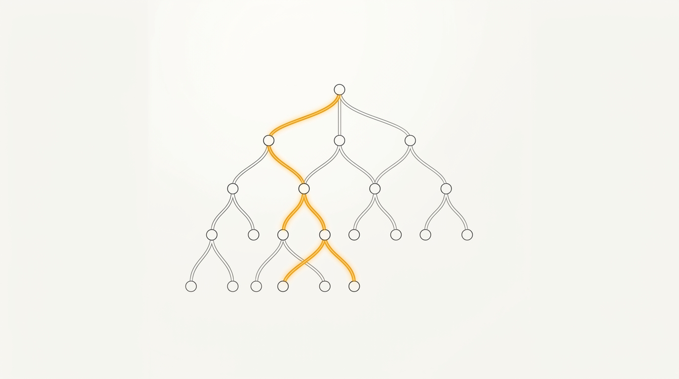 Minimal flat editorial illustration of a branching memory cache tree with an amber cached prefix trace on an off-white background