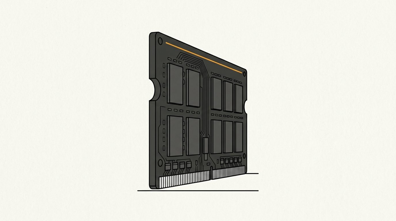 Minimal flat editorial illustration of a computer RAM module with an amber alert line on an off-white background