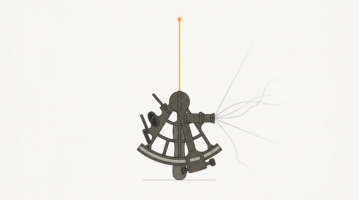 Minimal flat editorial illustration of a vintage brass marine sextant aligning an amber laser beam with true north