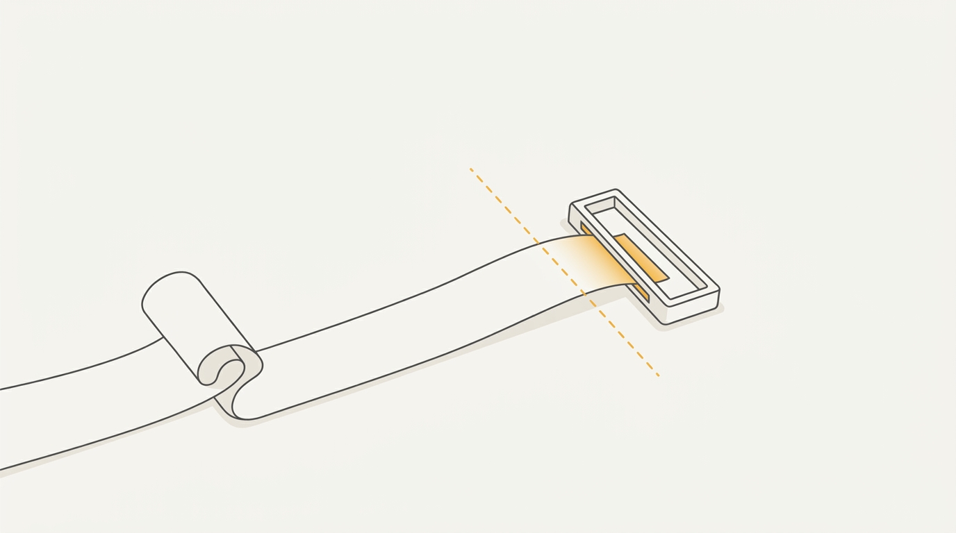 Minimal flat editorial illustration of a paper tape feeding into a reader with a sliced amber laser threshold on an off-white background