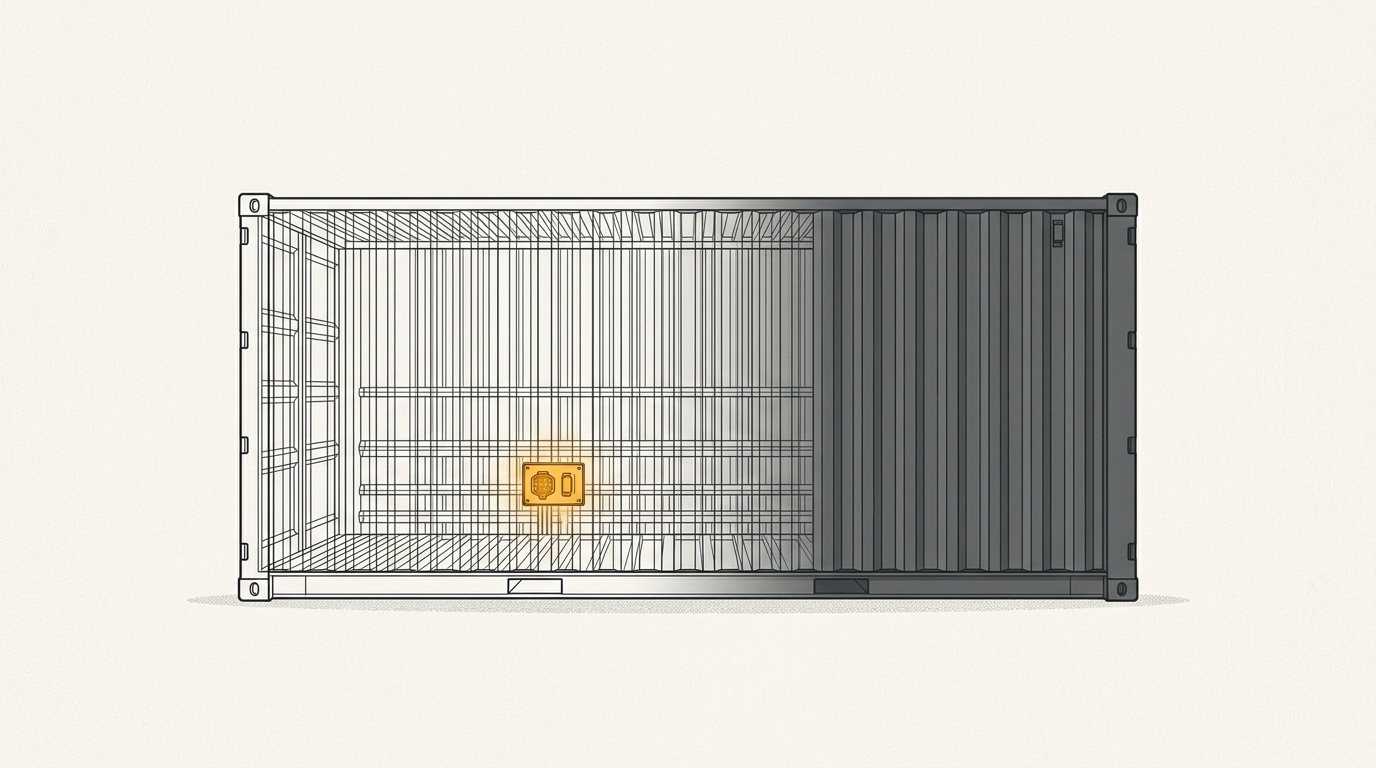 Minimal flat editorial illustration of a single industrial shipping container with wireframe interior and glowing amber socket