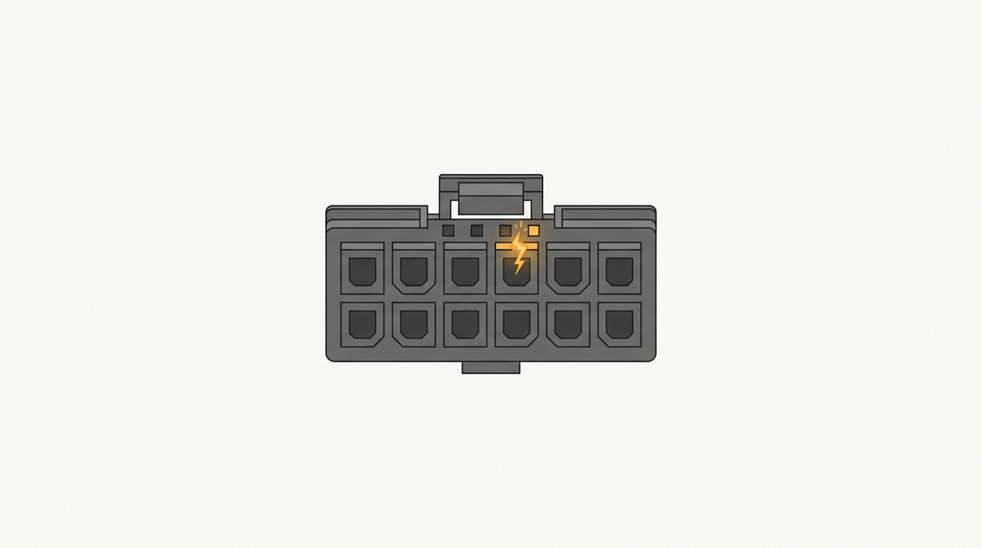 Minimal flat illustration of a 16-pin 12V-2x6 GPU power connector with an amber spark gap on a top sense pin
