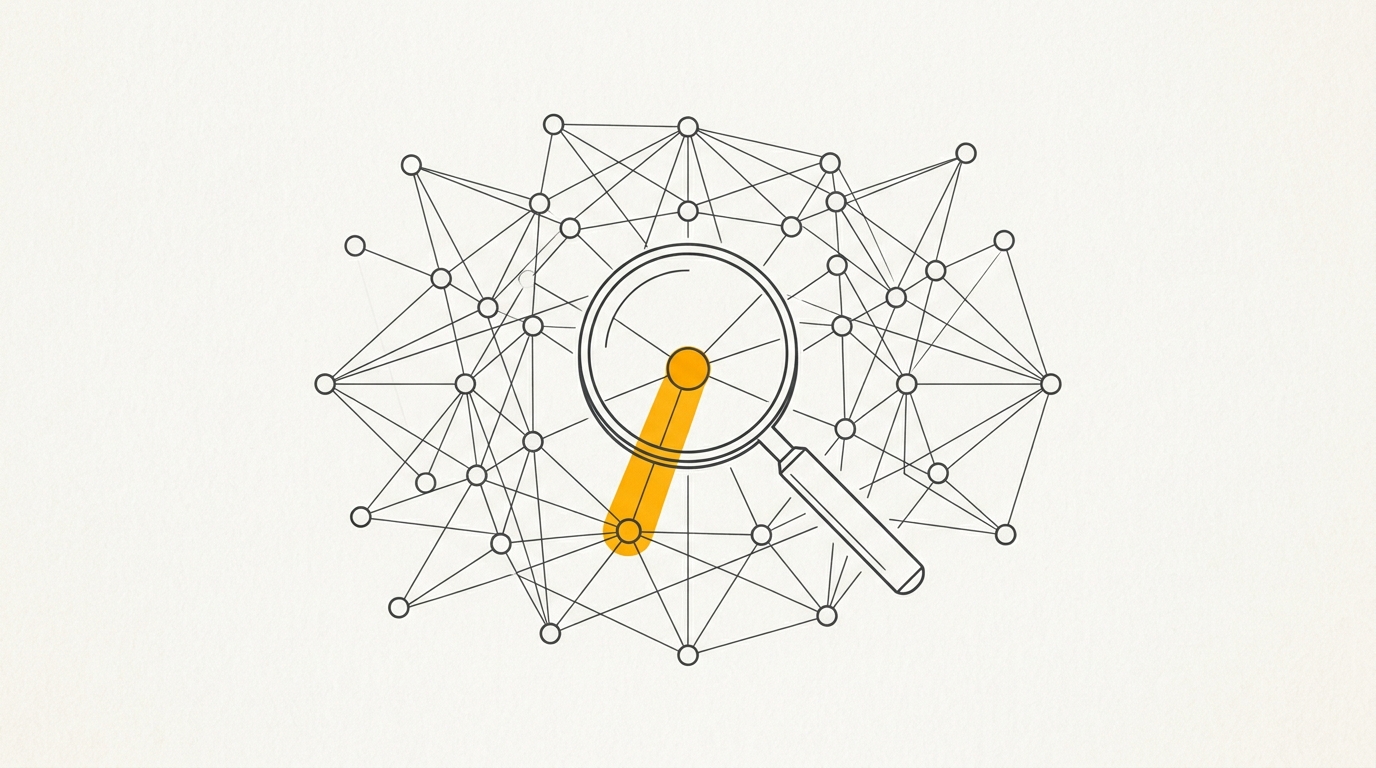 Minimal flat editorial illustration of a charcoal search magnifying glass focusing an amber light beam onto interconnected knowledge graph nodes on off-white background