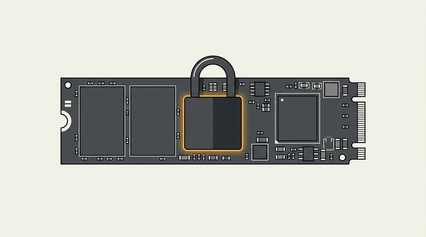 Minimal flat editorial illustration of an M.2 NVMe SSD with a padlock clamping its controller chip in amber alert on an off-white background