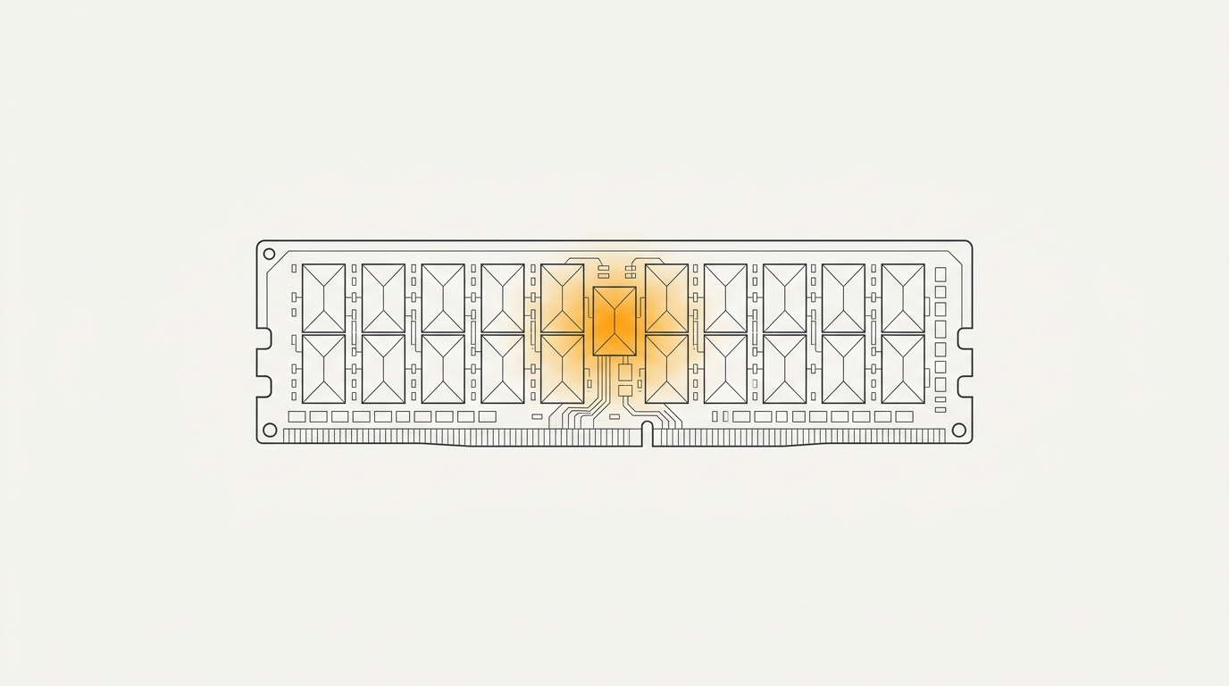 Minimal flat editorial illustration of a computer RAM memory module with trapped amber cache cells on an off-white background