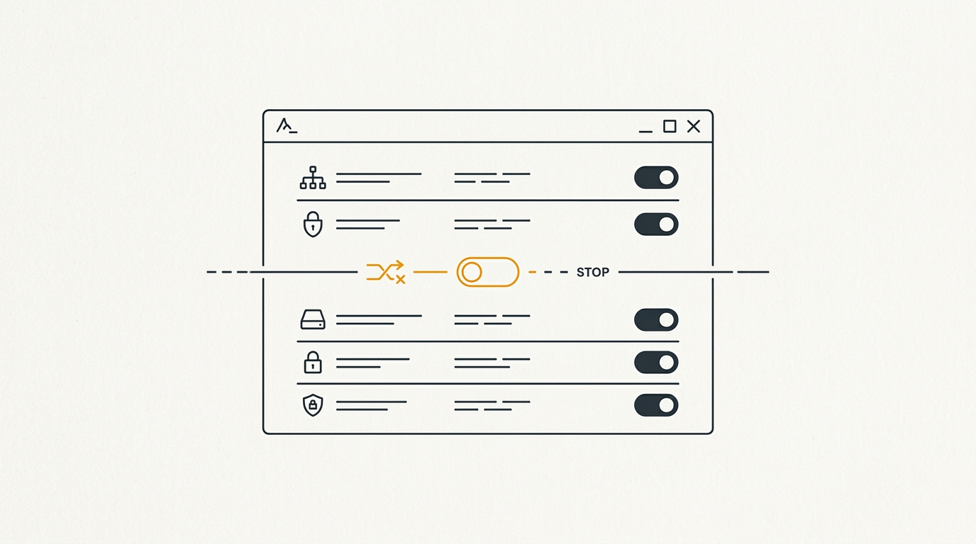 Minimal flat editorial illustration of Windows 11 console switches with an alert amber toggle in the off position