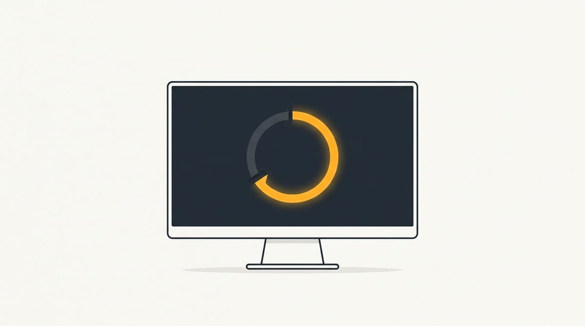 Minimal flat editorial illustration of a computer display showing a progress ring halted at an alert amber marker on an off-white background