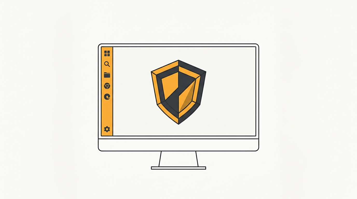 Minimal flat editorial illustration of a modern desktop computer display screen with an amber taskbar docked vertically on the left side and an elevated geometric security shield icon