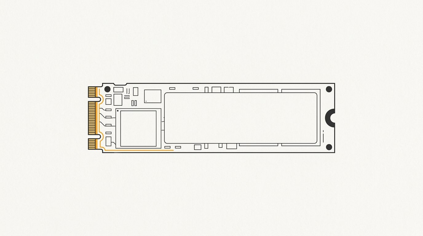 Minimal flat editorial illustration of an M.2 NVMe SSD drive with an amber data trace line on an off-white background